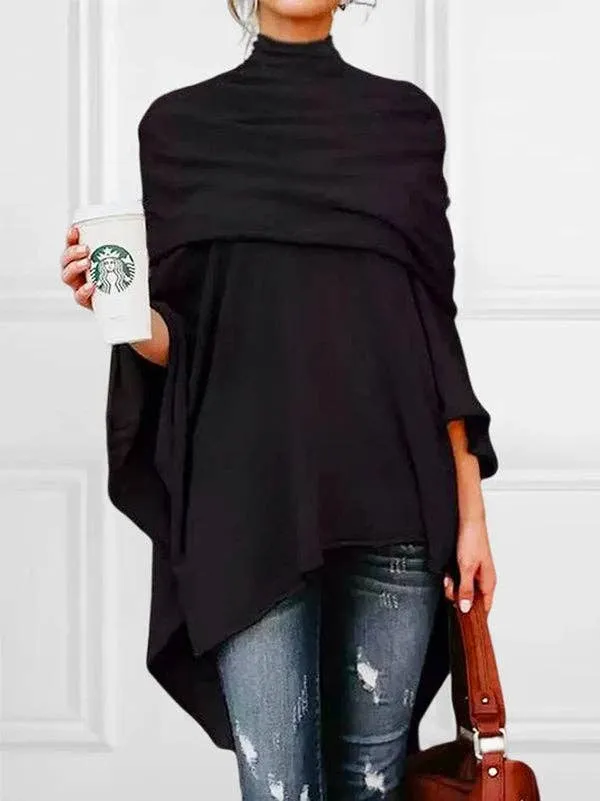 Solid Color High-Neck Asymmetric Casual T-Shirt Tops